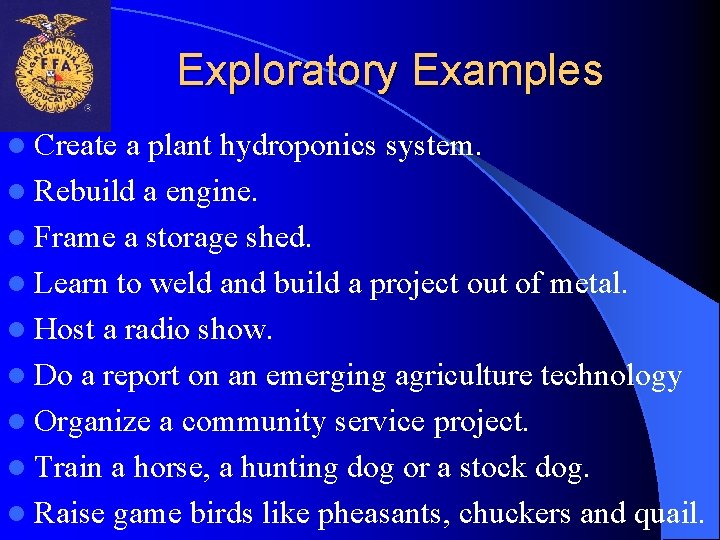 Exploratory Examples l Create a plant hydroponics system. l Rebuild a engine. l Frame