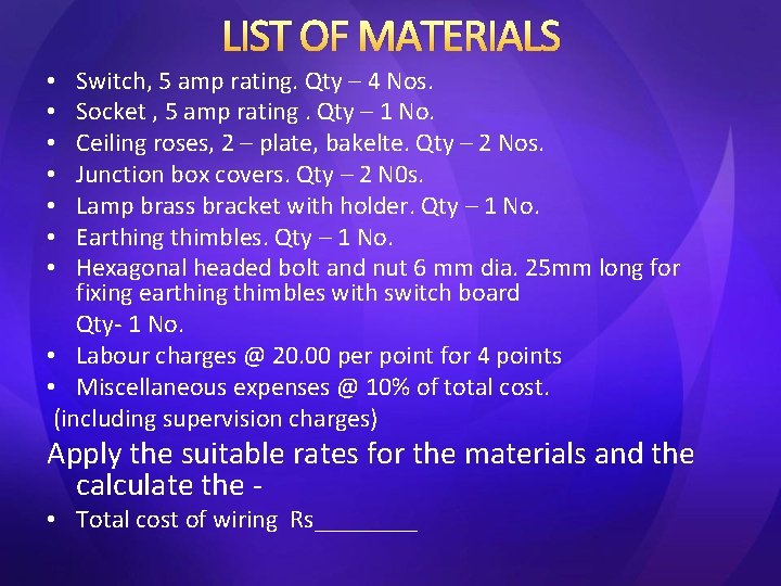 LIST OF MATERIALS Switch, 5 amp rating. Qty – 4 Nos. Socket , 5