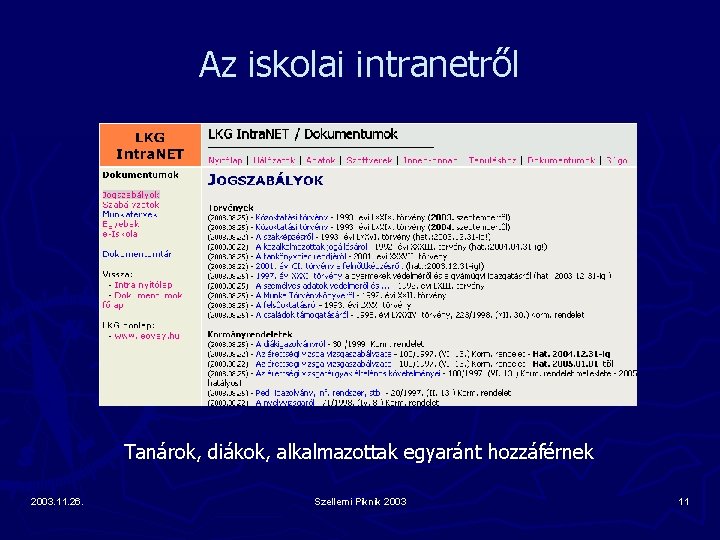 Az iskolai intranetről Tanárok, diákok, alkalmazottak egyaránt hozzáférnek 2003. 11. 26. Szellemi Piknik 2003