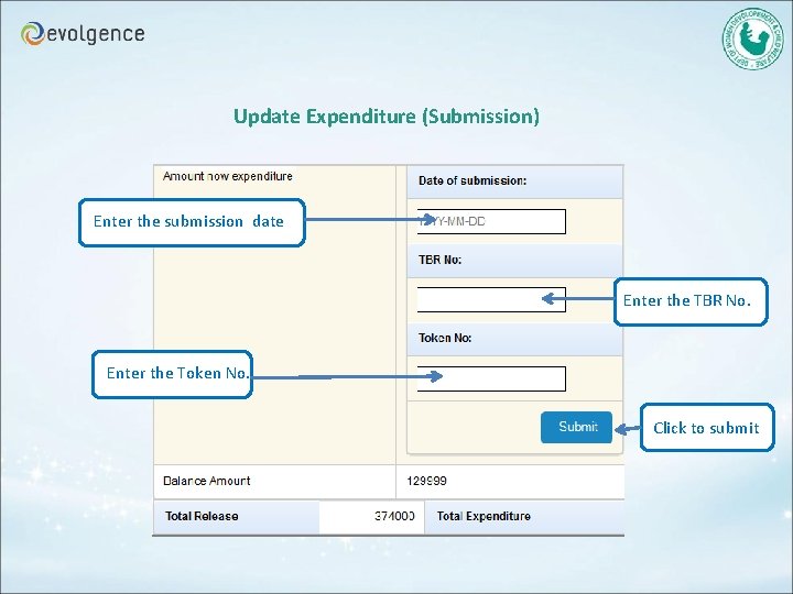Update Expenditure (Submission) Enter the submission date Enter the TBR No. Enter the Token