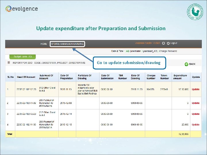 Update expenditure after Preparation and Submission Go to update submission/drawing 