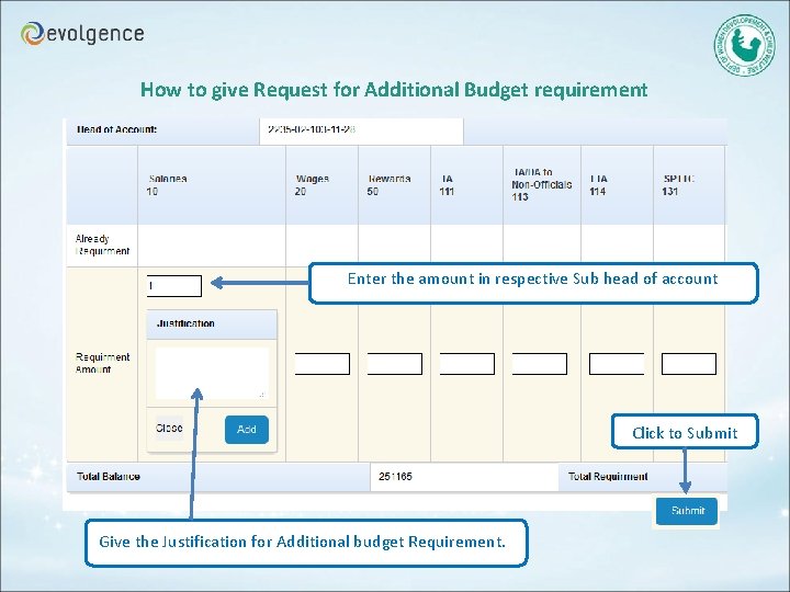 How to give Request for Additional Budget requirement Enter the amount in respective Sub