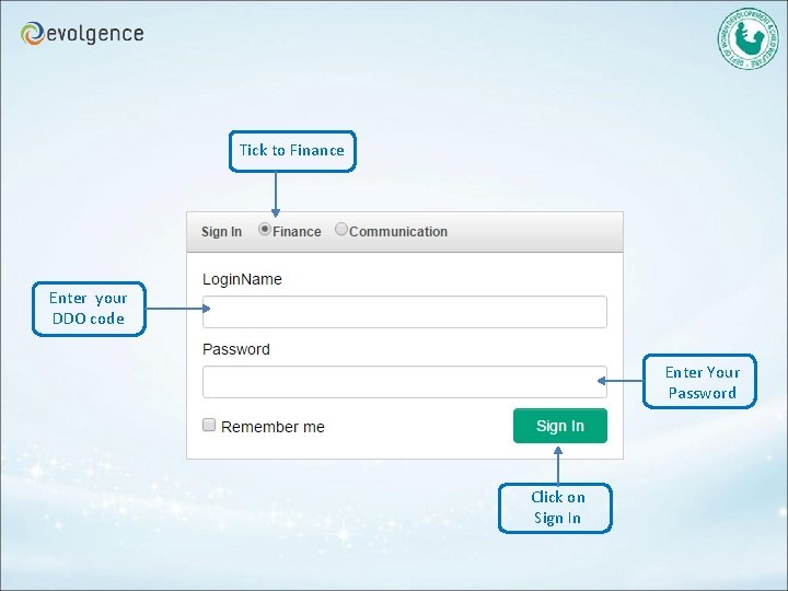 Tick to Finance Enter your DDO code Enter Your Password Click on Sign In