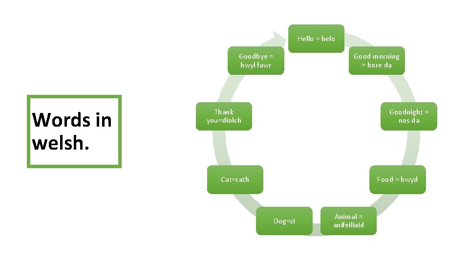 Hello = helo Goodbye = hwyl fawr Words in welsh. Good morning = bore