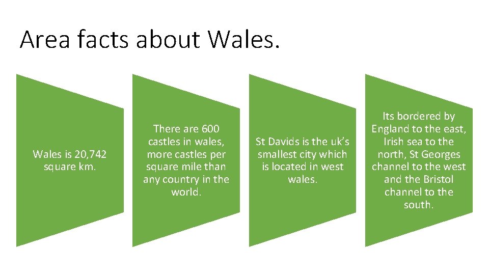 Area facts about Wales is 20, 742 square km. There are 600 castles in