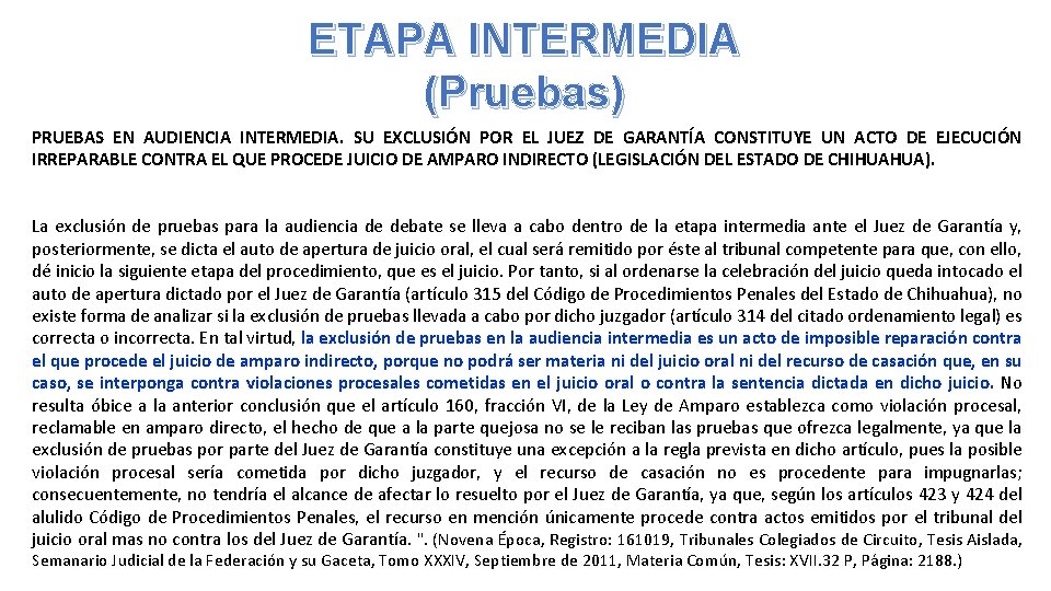 ETAPA INTERMEDIA (Pruebas) PRUEBAS EN AUDIENCIA INTERMEDIA. SU EXCLUSIÓN POR EL JUEZ DE GARANTÍA