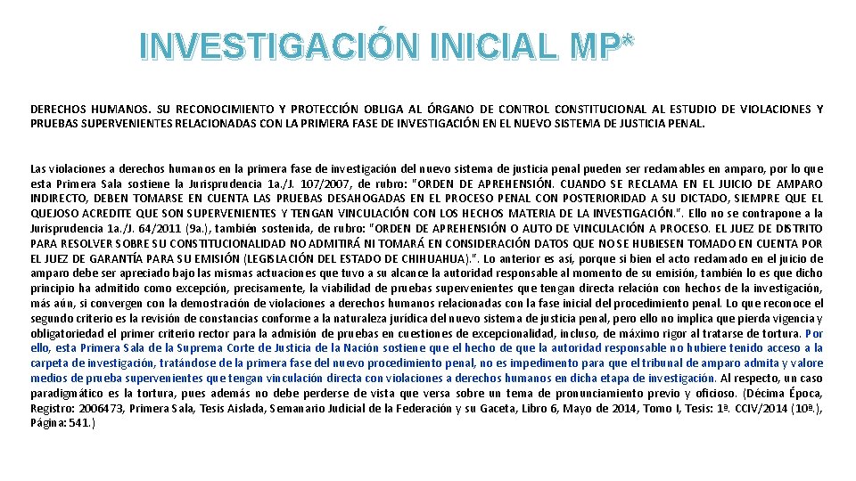 INVESTIGACIÓN INICIAL MP* DERECHOS HUMANOS. SU RECONOCIMIENTO Y PROTECCIÓN OBLIGA AL ÓRGANO DE CONTROL