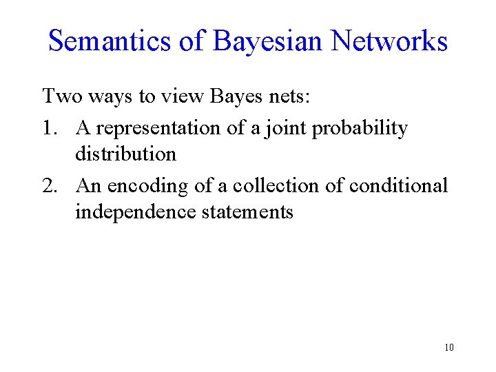 Semantics of Bayesian Networks Two ways to view Bayes nets: 1. A representation of