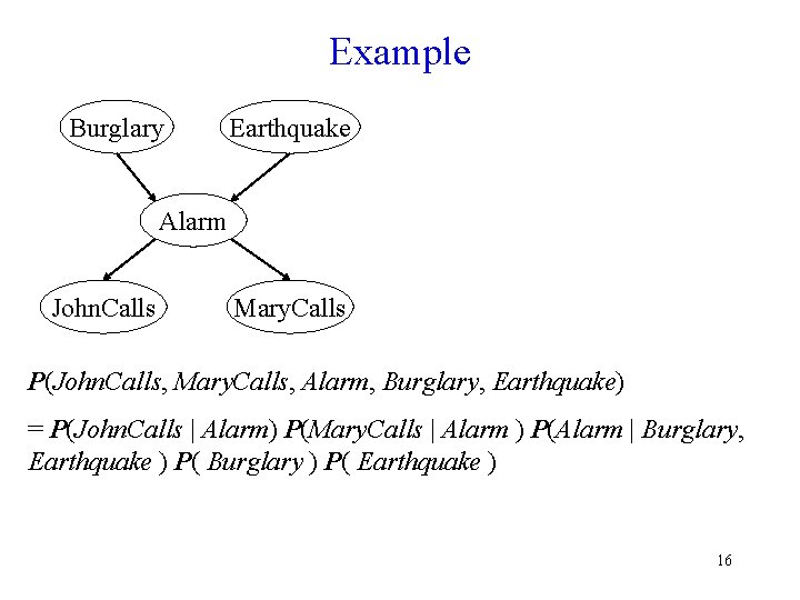 Example Burglary Earthquake Alarm John. Calls Mary. Calls P(John. Calls, Mary. Calls, Alarm, Burglary,