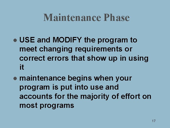 Maintenance Phase USE and MODIFY the program to meet changing requirements or correct errors