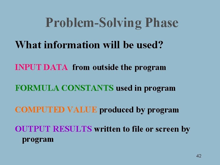 Problem-Solving Phase What information will be used? INPUT DATA from outside the program FORMULA