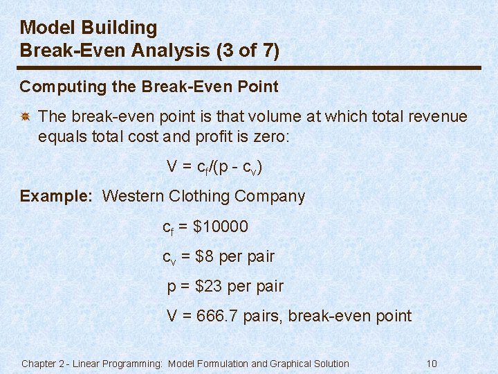Model Building Break-Even Analysis (3 of 7) Computing the Break-Even Point The break-even point