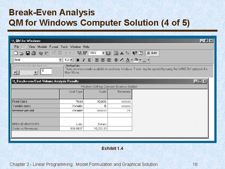 Break-Even Analysis QM for Windows Computer Solution (4 of 5) Exhibit 1. 4 Chapter