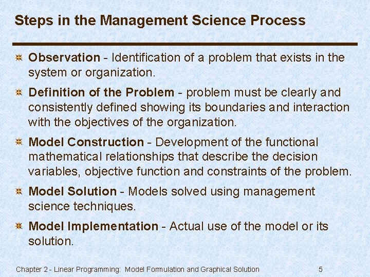 Steps in the Management Science Process Observation - Identification of a problem that exists