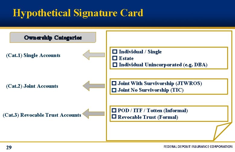 Hypothetical Signature Card Ownership Categories (Cat. 1) Single Accounts (Cat. 2) Joint Accounts (Cat.