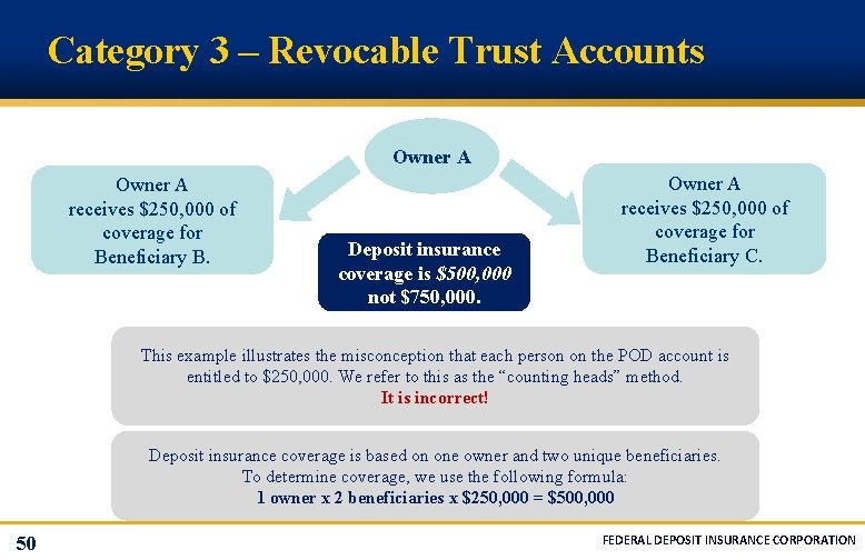 Category 3 – Revocable Trust Accounts Owner A receives $250, 000 of coverage for