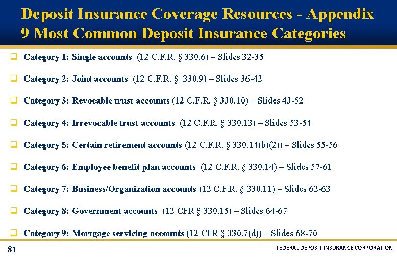 Deposit Insurance Coverage Resources - Appendix 9 Most Common Deposit Insurance Categories q Category