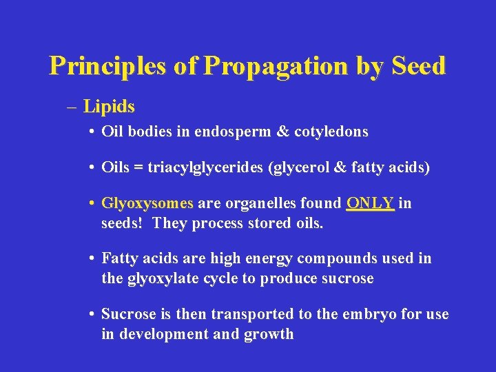 Principles of Propagation by Seed – Lipids • Oil bodies in endosperm & cotyledons