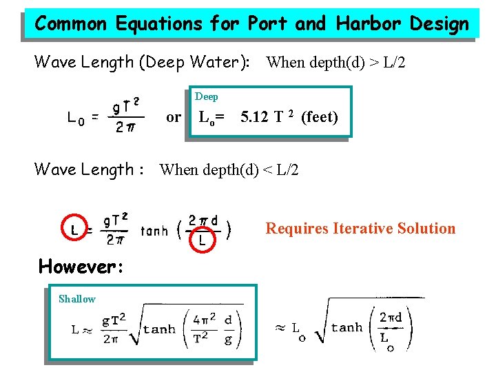 Common Equations for Port and Harbor Design Wave Length (Deep Water): When depth(d) >