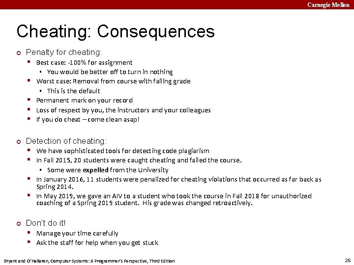 Carnegie Mellon Cheating: Consequences ¢ Penalty for cheating: § Best case: -100% for assignment
