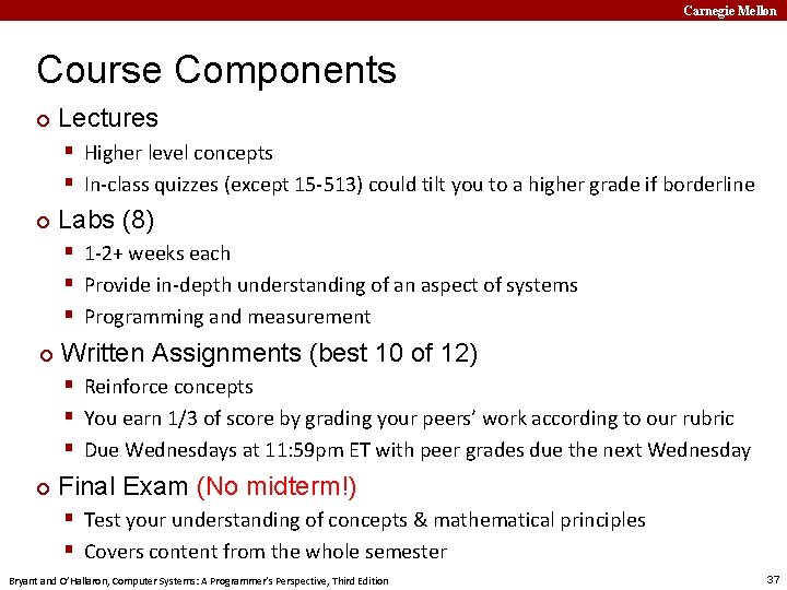 Carnegie Mellon Course Components ¢ Lectures § Higher level concepts § In-class quizzes (except