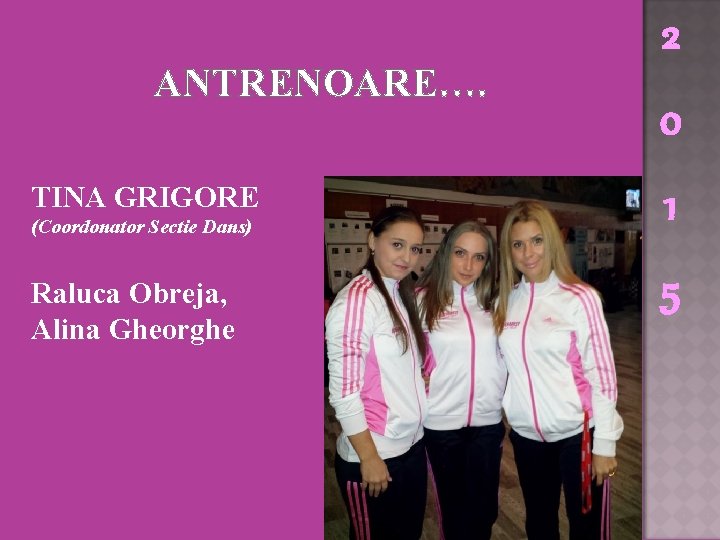 ANTRENOARE…. TINA GRIGORE (Coordonator Sectie Dans) Raluca Obreja, Alina Gheorghe 2 0 1 5