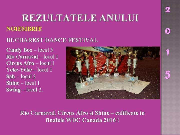 REZULTATELE ANULUI NOIEMBRIE BUCHAREST DANCE FESTIVAL Candy Box – locul 3 Rio Carnaval –