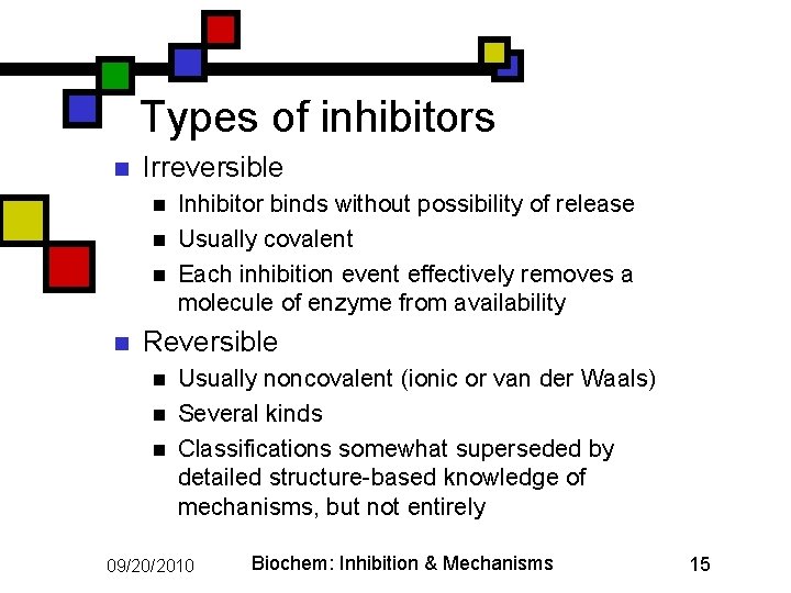 Types of inhibitors n Irreversible n n Inhibitor binds without possibility of release Usually