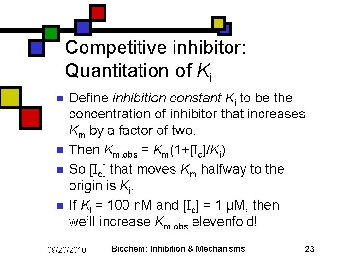 Competitive inhibitor: Quantitation of Ki n n Define inhibition constant Ki to be the