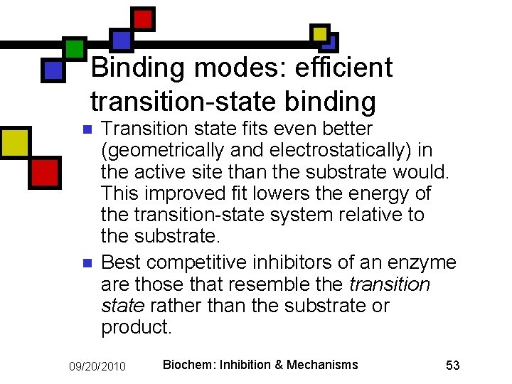 Binding modes: efficient transition-state binding n n Transition state fits even better (geometrically and