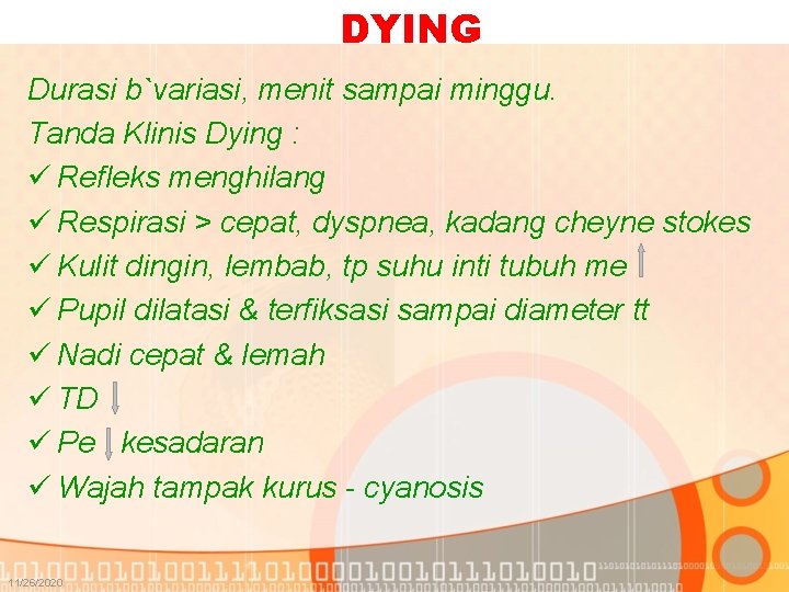 DYING Durasi b`variasi, menit sampai minggu. Tanda Klinis Dying : ü Refleks menghilang ü