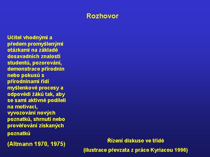 Rozhovor Učitel vhodnými a předem promyšlenými otázkami na základě dosavadních znalostí studentů, pozorování, demonstrace