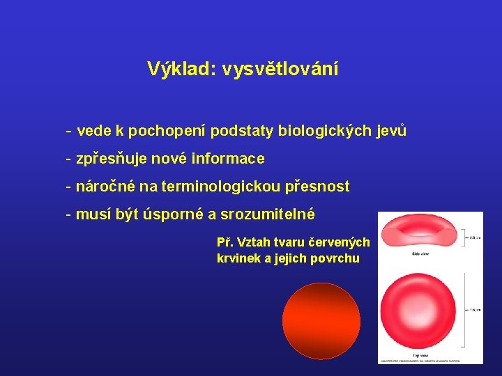 Výklad: vysvětlování - vede k pochopení podstaty biologických jevů - zpřesňuje nové informace -