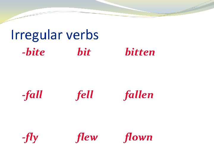 Irregular verbs -bite bitten -fall fell fallen -fly flew flown 