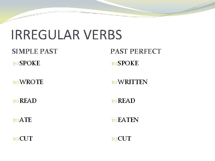 IRREGULAR VERBS SIMPLE PAST PERFECT SPOKE WROTE WRITTEN READ ATE EATEN CUT 