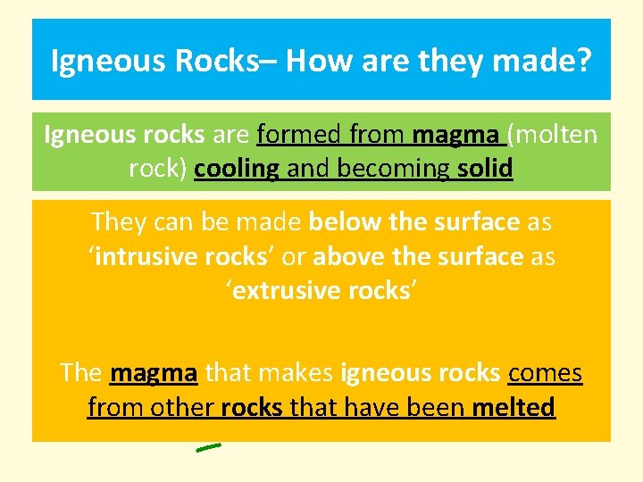 Igneous Rocks– How are they made? Igneous rocks are formed from magma (molten rock)