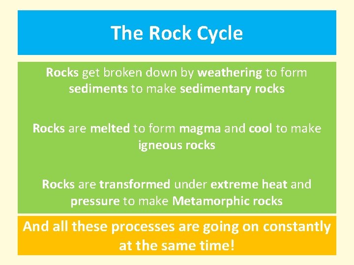 The Rock Cycle Rocks get broken down by weathering to form sediments to make