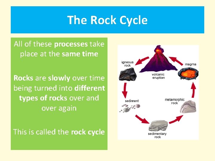 The Rock Cycle All of these processes take place at the same time Rocks