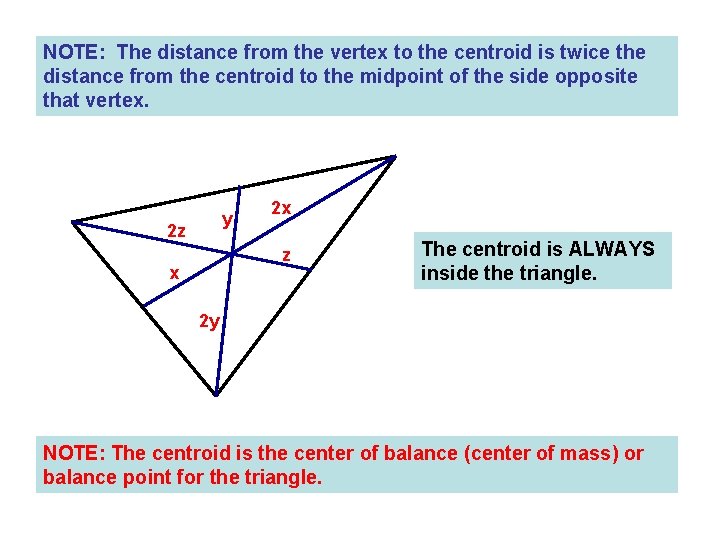 NOTE: The distance from the vertex to the centroid is twice the distance from