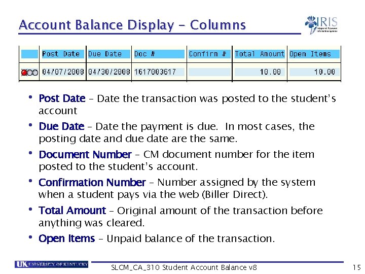 Account Balance Display - Columns • Post Date – Date the transaction was posted Account Balance Display - Columns • Post Date – Date the transaction was posted