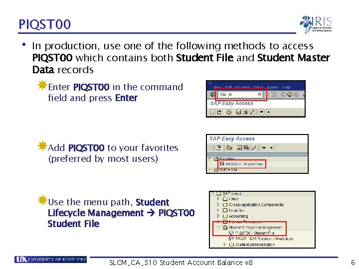 PIQST 00 • In production, use one of the following methods to access PIQST