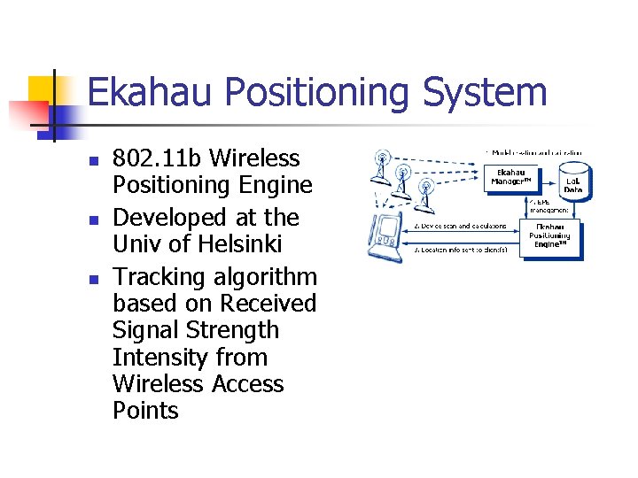 Ekahau Positioning System n n n 802. 11 b Wireless Positioning Engine Developed at