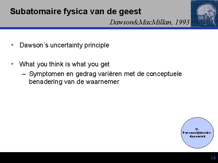 Subatomaire fysica van de geest Dawson&Mac. Millan, 1993 • Dawson’s uncertainty principle • What