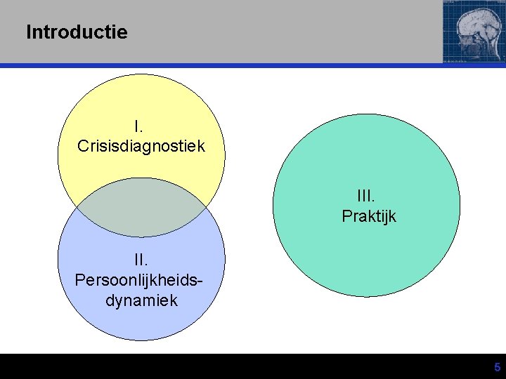 Introductie I. Crisisdiagnostiek III. Praktijk II. Persoonlijkheidsdynamiek 5 