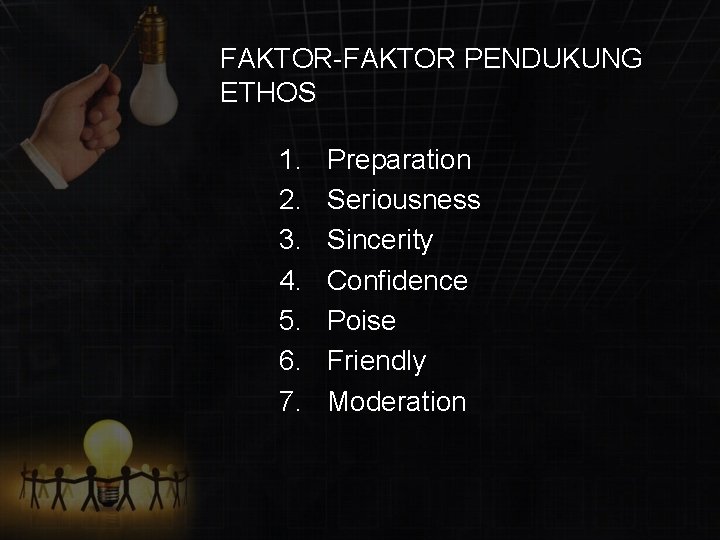 FAKTOR-FAKTOR PENDUKUNG ETHOS 1. 2. 3. 4. 5. 6. 7. Preparation Seriousness Sincerity Confidence