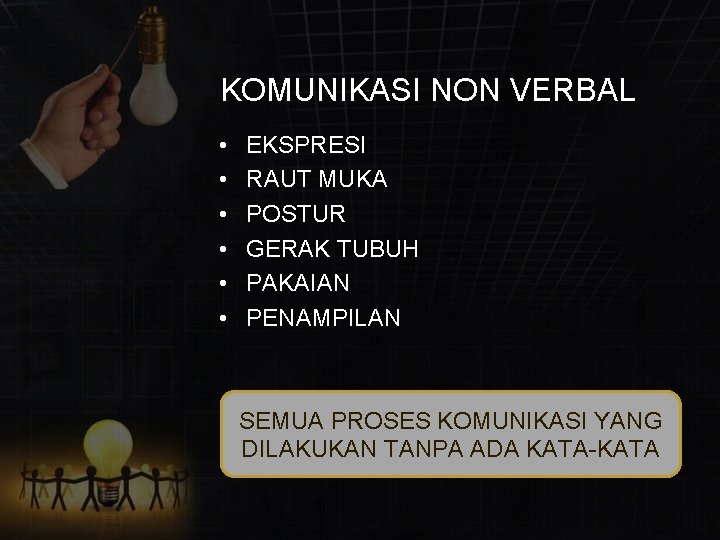 KOMUNIKASI NON VERBAL • • • EKSPRESI RAUT MUKA POSTUR GERAK TUBUH PAKAIAN PENAMPILAN