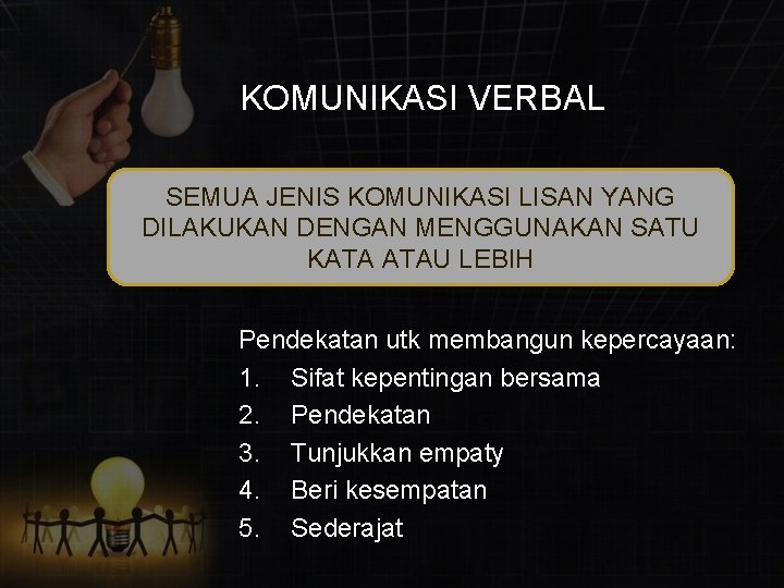 KOMUNIKASI VERBAL SEMUA JENIS KOMUNIKASI LISAN YANG DILAKUKAN DENGAN MENGGUNAKAN SATU KATA ATAU LEBIH