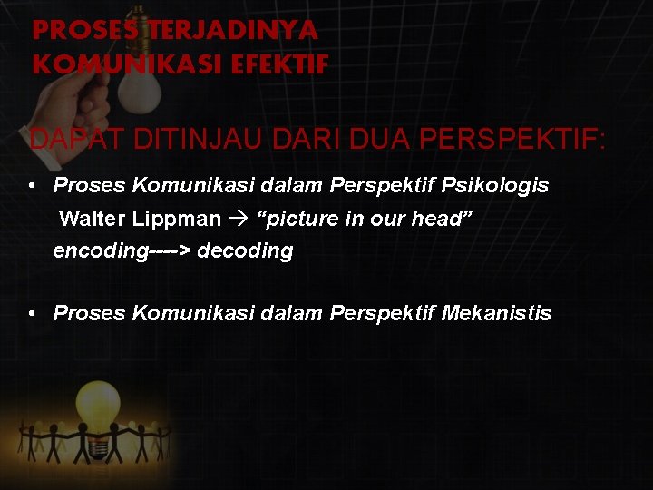 PROSES TERJADINYA KOMUNIKASI EFEKTIF DAPAT DITINJAU DARI DUA PERSPEKTIF: • Proses Komunikasi dalam Perspektif