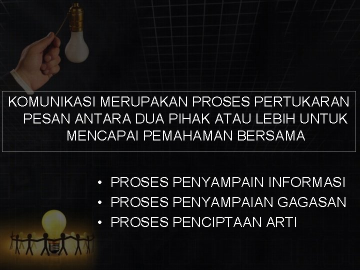 KOMUNIKASI MERUPAKAN PROSES PERTUKARAN PESAN ANTARA DUA PIHAK ATAU LEBIH UNTUK MENCAPAI PEMAHAMAN BERSAMA