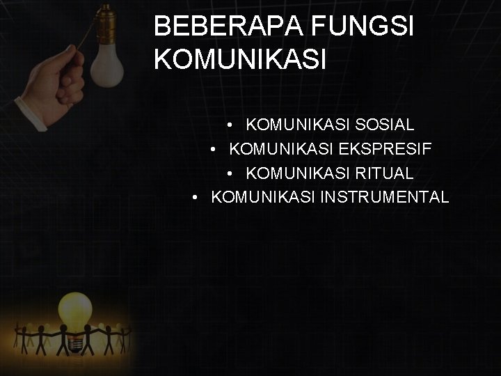 BEBERAPA FUNGSI KOMUNIKASI • KOMUNIKASI SOSIAL • KOMUNIKASI EKSPRESIF • KOMUNIKASI RITUAL • KOMUNIKASI